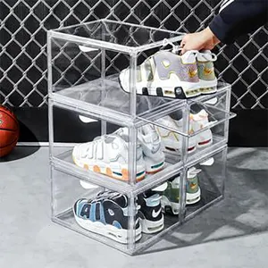 Yeni tasarım temizle manyetik plastik ayakkabı kutuları damla ön özel Sneaker kutusu akrilik istiflenebilir şeffaf klasik saklama kutusu