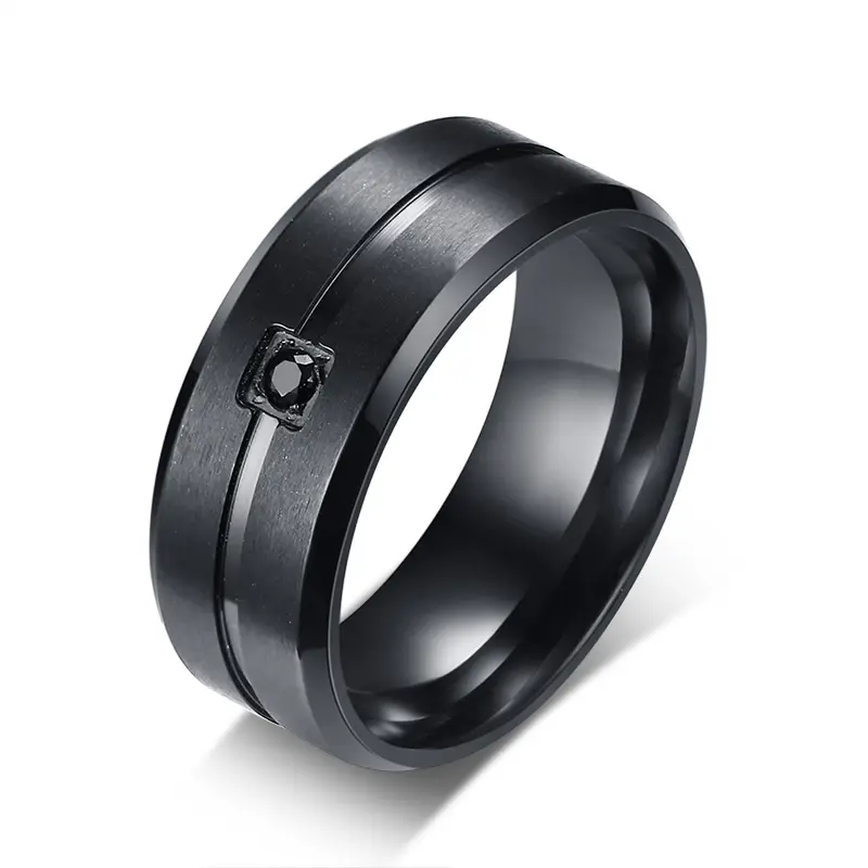 Anel masculino, anel preto de casamento com 8mm, aço inoxidável, incrustado, zircônia cúbica