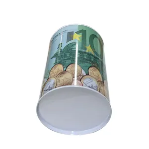 Caja de hojalata con forma redonda impresa personalizada, de dos tamaños, no se puede abrir el banco de monedas, venta al por mayor