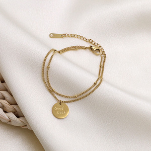 French Style Stainless Steel Engraved <b>Bracelet</b> Gold Double Layer Chain For Women Gift Jewelry - Product Image 2