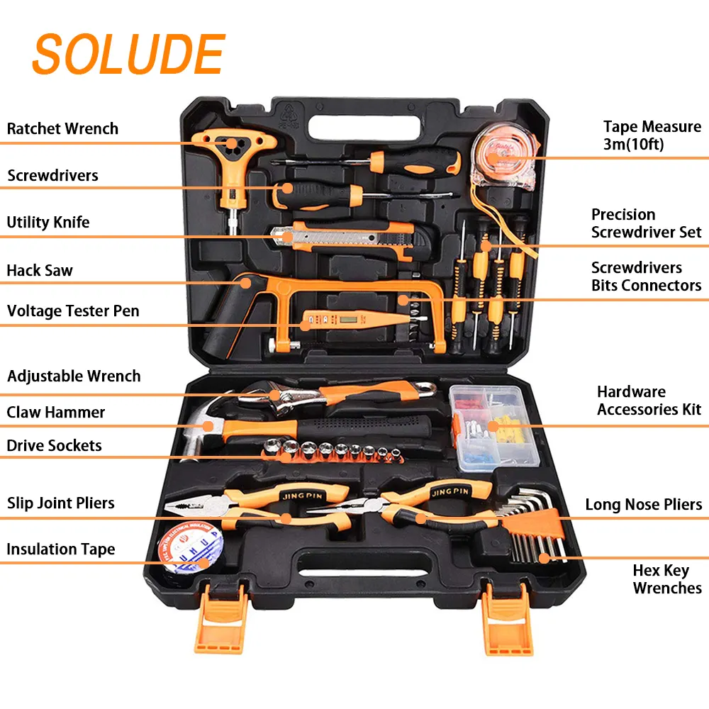 SOLUDE boîte à outils en plastique mallette de rangement tournevis marteau scie clé douille matériel outils 82 pièces outils à main ensemble pour le ménage