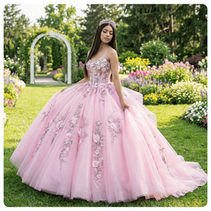 Vestido de Quinceañera Rosa Dulce Dy6865, Vestido de Gasa con Cuentas y Cristales, Apliques, Vestido de Fiesta de 16 Años, Vestidos de 15 Años - Product Image 1