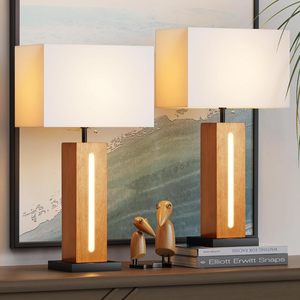 Modern Dimmable Table Lamps Set Of 2 Square Wood Grain Base With LED <b>Nightlight</b> For Bedside Use - Product Image 5