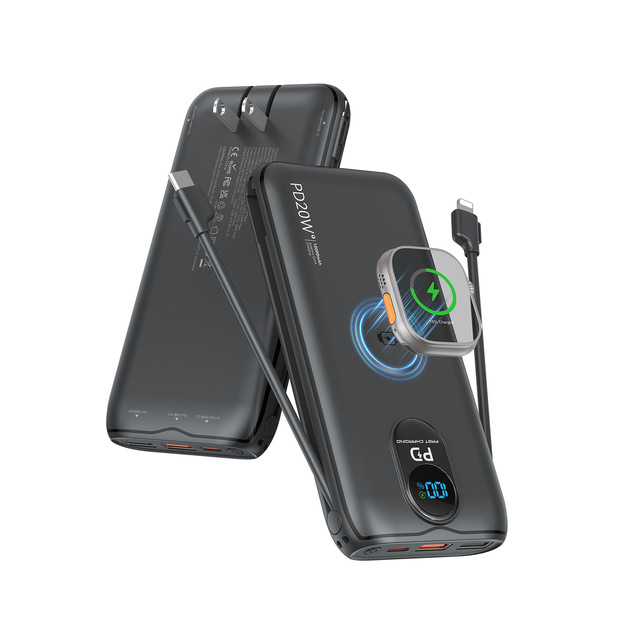 10000mAh Power Bank Foldable Built-in AC Plug Smartwatch Wireless Charger 20W PD Fast Charging Type-C Integrated Cables Travel