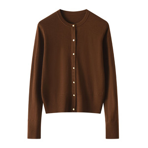 Suéter cárdigan de Color sólido de un solo pecho con cuello redondo de lana merina fina 100% para <span class=keywords><strong>mujer</strong></span> - Product Image 1
