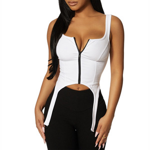 Combinaison en tricot pour femme, couleur blanche unie, fermeture éclair sur le devant, design dos nu extensible - Product Image 5
