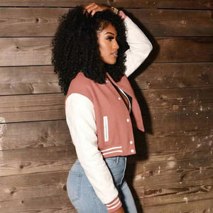 Pink Varsity <b>Jacket</b> With White <b>Sleeves</b> Button Closure Contrast Color Autumn Wear <b>Women's</b> <b>Jackets</b> - Product Image 3