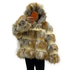 Nouveau manteau à capuche en fourrure de lapin Rex et fourrure de renard véritable d'hiver pour dames
