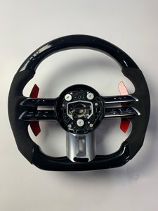 Volant sport en cuir et fibre de carbone LED amélioré, 3/4 branches, universel pour plus de modèles, fond plat, rouge - Product Image 1