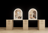 Poste de barbier en bois double face Miroir ovale à led avec rangement Salon de barbier moderne Mobilier de salon de coiffure Design de salon de barbier de luxe