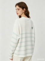 Pull en tricot rayé à col rond pour femme, style européen, avec broderie cœur, coupe ample, manches longues, décontracté, pour le quotidien