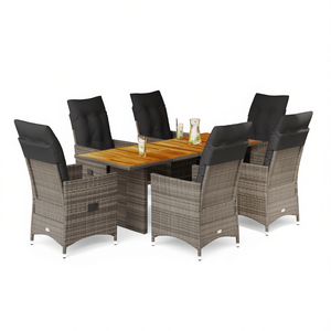 <b>Grey</b> Rattan Garden <b>Dining</b> <b>Set</b> 6 Seater Teak <b>Table</b> Weather Resistant Outdoor Furniture Contemporary Design - Product Image 1