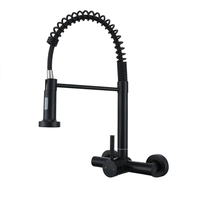 Robinet de cuisine mural en acier inoxydable noir mat avec douchette extractible à ressort pour hôtels, vente en gros
