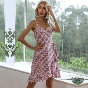Mandy 2023 new women's irregular floral ruffled sling dress fashion sexy print waist short dress