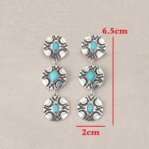 Vente en gros Western Cowboy Retro Turquoise Ethnique Exagéré Alliage Boucles d'Oreilles Pendantes Femmes Trois Concho Design Complexe Turquoise - Product Image 2