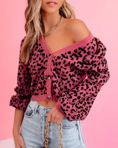 Vendita all'ingrosso cheetah stampa maglione lungo-Maglione lavorato a maglia a maniche lunghe di moda maglione corto Cardigan con scollo a v stampa ghepardo Sexy