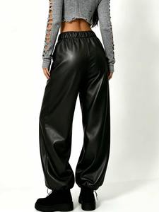Pantalones negros de cintura alta para mujer, longitud completa, informales, para otoño, ajuste holgado, cintura elástica, color sólido - Product Image 3