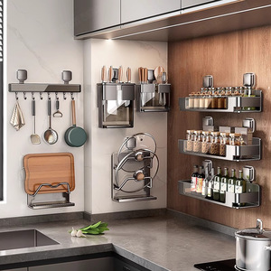 Estante de almacenamiento de cocina de metal gris con ventosa, soporte de pared para cuchillos, organizador de tapas de ollas y especias, sin necesidad de taladrar - Product Image 5