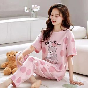Pijamas Femininos Fofos de Primavera e Outono 2025, Conjunto de Camiseta de Manga Curta e Calças Longas em Fibra de Bambu, Estilo Cartoon, Roupas de Lazer - Product Image 4