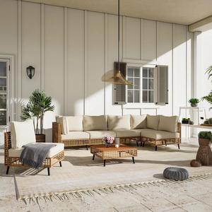 Dwoo 7 pièces PE rotin extérieur tout temps ensemble de meubles de cour beige jardin combinaison table basse canapé ensemble - Product Image 1