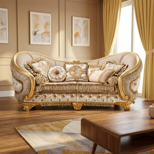 Luxury Teak Wood 3-Seater <b>Sofa</b> <b>Set</b> with Tufted Fabric Upholstery Durable & Eco-Friendly Traditional Royal Living Room Furniture - Product Image 3