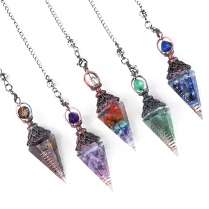 Gemstone Healing Crystal Clear Quartz Pendulo Natural Stones Gravel Pendant Dowsing Pendulum with Antique Silver Chain