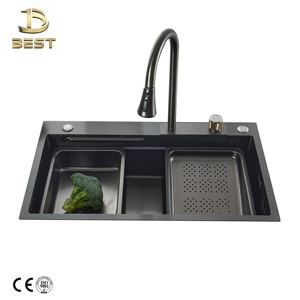Grifo de fregadero de cocina de un solo cuenco moderno de 75x46, arena de semilla de mijo multifuncional, diseño de cascada negro PVD - Product Image 3
