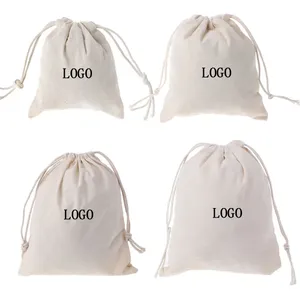 Bolsa de Algodón Muselina Orgánica Ecológica Personalizada, Bolsa Pequeña de Tela Calicó Blanca con Cordón y Logotipo con Patrón de Letras Impreso - Product Image 1