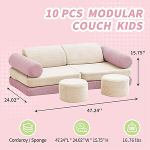 Canapé pour enfants de haute qualité en tissu corduroy, mousse haute résilience, housse amovible et lavable, ensemble de canapé modulable 14 pièces - Product Image 5