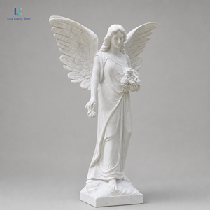 Estatua de Ángel de Mármol Blanco Puro <span class=keywords><strong>Luca</strong></span> |   Escultura Conmemorativa de Jardín con Ángel Alado Sosteniendo Flores, Decoración de Cementerio Pulida, Hecho a Medida - Product Image 2