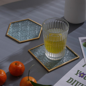 Copper Strip Embossed Glass Coaster <b>Square</b> Shape Handmade Tea Cup Pad Home Decorative Mat - Product Image 2