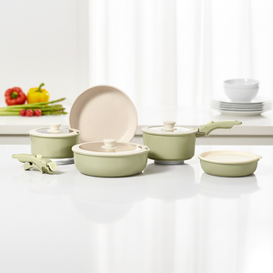 Batterie de cuisine moderne antiadhésive vert avocat en aluminium avec poignée amovible – Ensembles de casseroles très demandés - Product Image 2