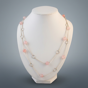 Collar de cuentas de cuarzo rosa multicapa plateado para mujer, cadena redonda de perlas de imitación, joyería de regalo - Product Image 4