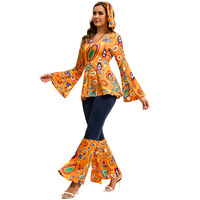 Costume de disco vintage des années 70 pour femmes Costume imprimé Hippie Cosplay des années 80 avec bandeau pour Halloween Party & TV & Movie Costumes