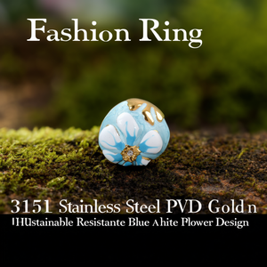 แหวนแฟชั่น สแตนเลสสตีล 316L ชุบทอง PVD ทนทาน ดีไซน์ดอกไม้สีน้ำเงินขาว - Product Image 3