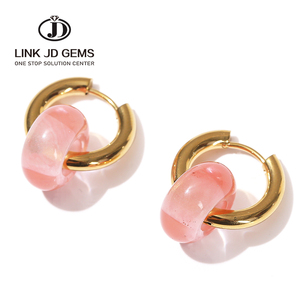 JD Mujeres <span class=keywords><strong>Bohe</strong></span> Colorido Regalo de Boda Natural Cuarzo Rosa Amarillo Ojo de Tigre Donut Huggies Acero Inoxidable Chapado en Oro Pendientes de Aro - Product Image 1