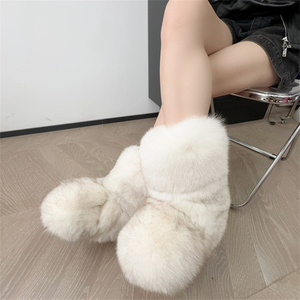 Luxe marron rose véritable fourrure de renard couleur unie bottes de neige plates dames bout rond réchauffement sans lacet haut loisirs mi-mollet bottes - Product Image 2