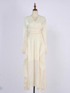 Vestido Nuevo y Moderno con Cuello en V, Plisado, de Manga Larga, con Adorno de <span class=keywords><strong>Hongo</strong></span> Negro y Falda Larga Entallada que Estiliza la Figura - Product Image 3