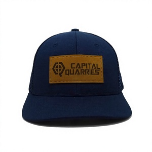 Vietnam Manufactured Customizable Leather Patch Structured 6 Panel <b>Navy</b> Mesh Back Trucker <b>Hat</b> Young Energetic Daily Adult Wear - Product Image 1