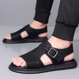 Men's Flat <b>Sandals</b> Summer Breathable Hollowed Out Casual Beach Shoes Korean Style Slip On Khaki Black - Product Image 2