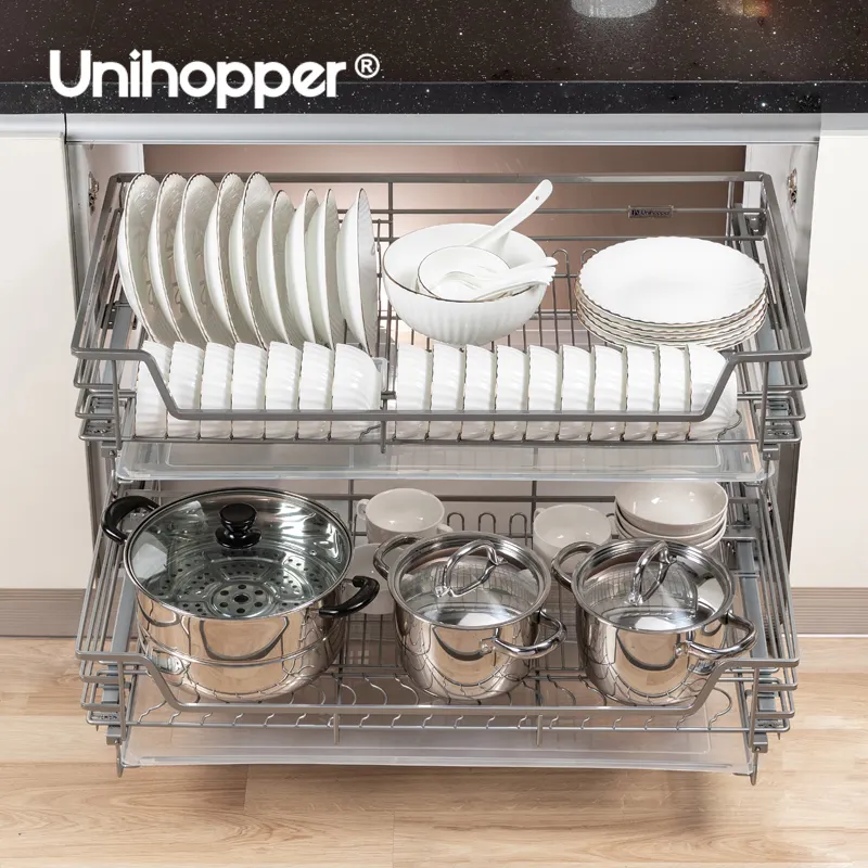 Unihopper Chất lượng cao món ăn bát giá tủ bếp ngăn kéo tổ chức 4 bên kéo ra trượt giỏ