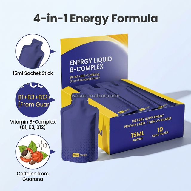 Private Label Raspberry Flavor Liquid Vitamin B-Complex Caffeine Energy Booster Shot 15ml Sachet for OEM ODM Wholesale