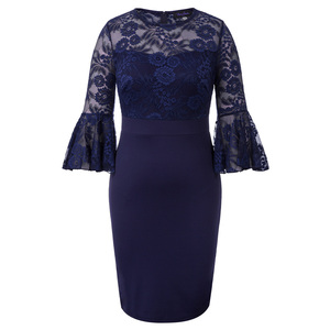 HNS02030 OEM Femmes Patchwork 3/4 Cloche Manches Col rond Hanches Gainé Noir Grande Taille Dentelle <span class=keywords><strong>Robes</strong></span> Grande Taille - Product Image 3