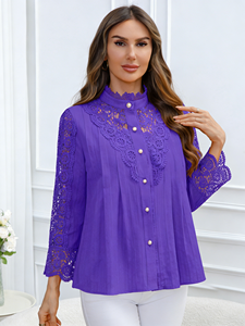 Blusa Joyinspring Primavera/Verano 2026, Talla Grande, Bordada, de Chifón Sólido, Casual, con Encaje, Cuello Redondo y Manga Larga - Product Image 1