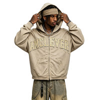 Sweat à capuche OEM personnalisé, coupe ample, style vintage délavé, effet vieilli et bords bruts, fermeture éclair bidirectionnelle, broderie de patchs