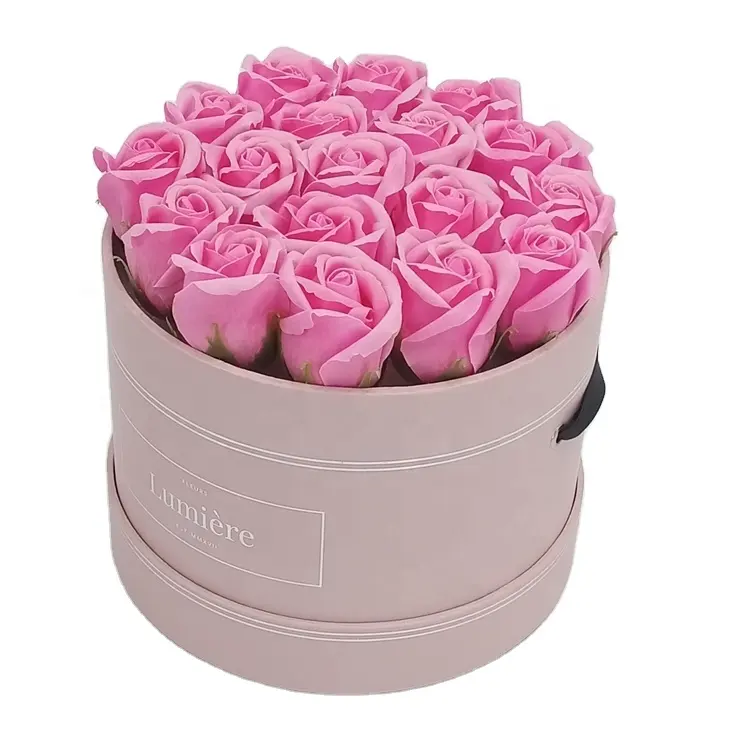 Boîte de bouquet de fleurs rondes en carton, boîte d'emballage en papier rose, vente en gros, 50 pièces