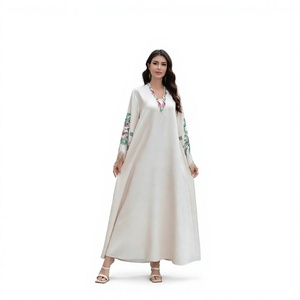 High Quality Women Floral Embroidered Long Sleeve Maxi Abaya V Neck Modest <b>Dress</b> Polyester Loose Fit Daily Wear Spring Seamless - Product Image 3