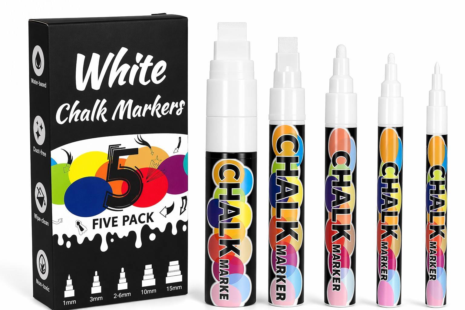 Set di 5 pennarelli a gesso bianco di diverse dimensioni
