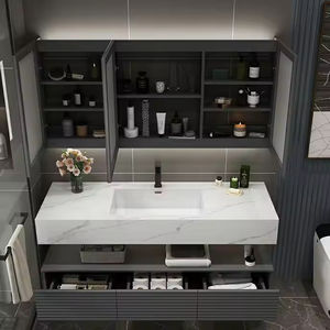 Meuble-lavabo intelligent moderne en MDF laqué noir avec miroir nid d'abeille, double vasque et éclairage LED, écologique, pour hôpital - Product Image 1