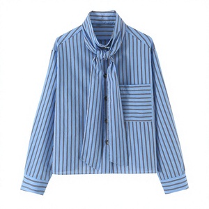 Chemisier rayé bleu pour femme, coupe ample, col mandarin, chemise tissée pour l'automne et le quotidien - Product Image 2